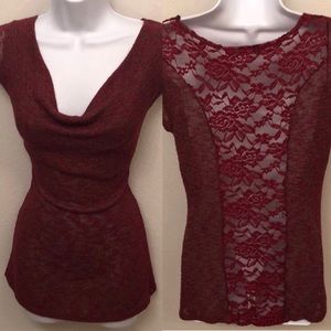 Sexy cowl neck lace-back short sleeve top